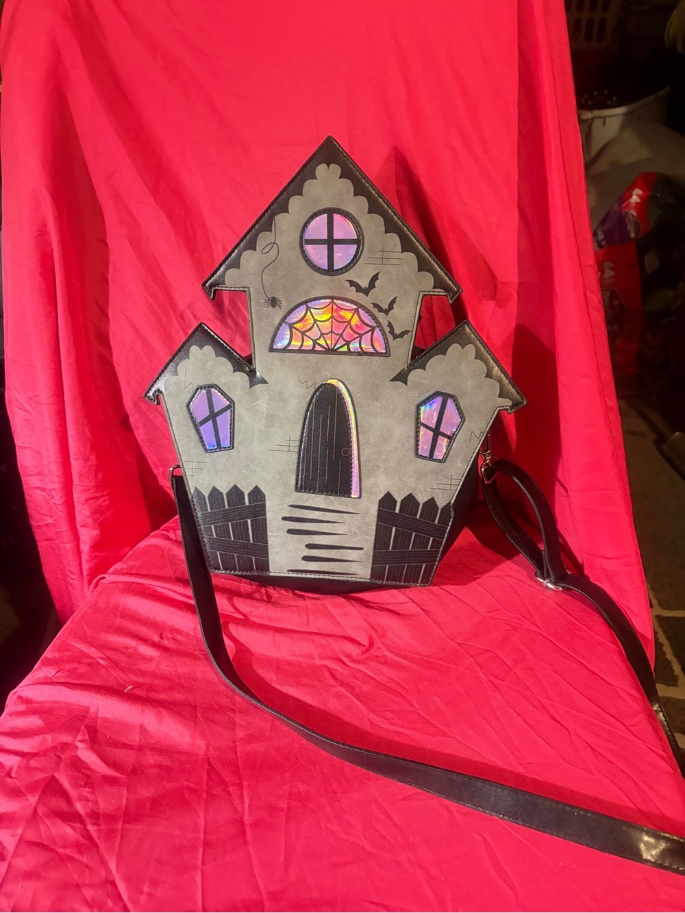 Dolls Kill Gray Haunted House Shoulder Bag with Iridescent Window Accents
